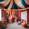 A whimsical circus tent-inspired playroom with striped walls, colorful decor, and circus-themed toys3