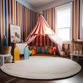 A whimsical circus tent-inspired playroom with striped walls, colorful decor, and circus-themed toys2
