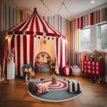 A whimsical circus tent-inspired playroom with striped walls, colorful decor, and circus-themed toys1