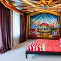 A whimsical circus-themed bedroom with a carousel bed, circus tent drapes, and circus animal wall murals5