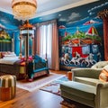 A whimsical circus-themed bedroom with a carousel bed, circus tent drapes, and circus animal wall murals1