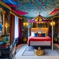 A whimsical circus-themed bedroom with a carousel bed, circus tent drapes, and circus animal wall murals2