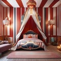 A whimsical circus-themed bedroom with striped walls, a circus tent bed canopy, and clown-inspired decor5