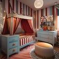 A whimsical circus-themed nursery with playful patterns and circus tent-inspired decor1