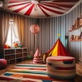 A whimsical circus-themed playroom with colorful stripes, circus tent canopy, and clown decor5