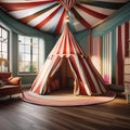 A whimsical circus-themed playroom with colorful stripes, circus tent canopy, and clown decor4