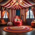 A whimsical circus-themed playroom with colorful stripes, circus tent canopy, and clown decor3