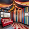 A whimsical circus-themed playroom with colorful stripes and circus tent-inspired ceiling3