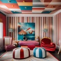 A whimsical circus-themed playroom with colorful stripes and circus tent-inspired ceiling2