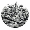 Whimsical Cityscape: A Black And White Illustration Of A Swirling Landscape