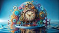 A whimsical clockwork mechanism floats serenely on a vibrant, reflective surface, its colorful gears interlocked in a dance of