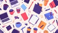 A whimsical, cluttered pattern of office supplies, laptops, and Royalty Free Stock Photo