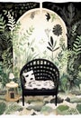 Whimsical collage with a cozy chair in the garden with tropical plants and flowers. Generative AI