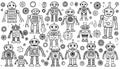 A whimsical collection of diverse, hand-drawn robots of varying Royalty Free Stock Photo