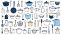 A whimsical collection of hand-drawn kitchenware, including pots Royalty Free Stock Photo