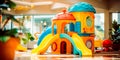 Whimsical and colorful children\'s play area in a hotel lobby with interactive games and toys