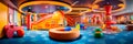 Whimsical and colorful children\'s play area in a hotel lobby with interactive games and toys