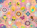 Whimsical colorful floral design over pink geometric texture in seamless pattern tile