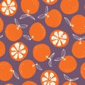 Whimsical colorful hand-drawn abstract doodle oranges vector seamless pattern on dark background