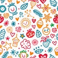 Whimsical, colorful, kid-friendly pattern with various hand-drawn elements Royalty Free Stock Photo