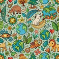 Whimsical, colorful pattern featuring various nature elements, including animals, plants, and globes Royalty Free Stock Photo