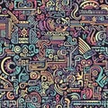 Whimsical colorful seamless pattern. Detailed abstract texture, with lots of objects, repetition background with doodle elements