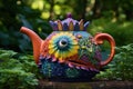 a whimsical, colorful teapot in the shape of an animal, situated in a garden setting
