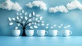 Conceptual Visual Art of Growth and Change Depicted Through a Tree and Mugs Against a Sky Themed Backdrop with Cloud Elements in a Royalty Free Stock Photo