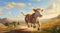 Whimsical Cow Running: Realistic Fantasy Artwork For Children\'s Books And 2d Game Art