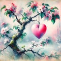 Hanging Pink Heart On a Crabapple Tree Royalty Free Stock Photo