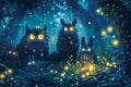 Whimsical creatures with glowing eyes stand amidst a mystical forest