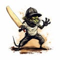 Whimsical Cricket Cartoon: Rat Batting In Detailed Fantasy Art Style