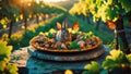 Adorable Brown Bunny in a Paella Dish with Snails and Butterflies in a Vineyard Royalty Free Stock Photo