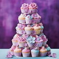 Whimsical Cupcake Tower with Fairy-themed Frosting Design