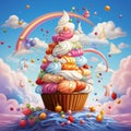 Whimsical Cupcake Tower with Whipped Cream and Fluffy Clouds