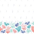 Whimsical Cute Hand-Drawn Sea Life, Corals, Seaweed, Algae Vector Seamless Border and Pattern. Bright Ocean Background