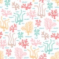 Whimsical Cute Hand-Drawn Sea Life, Corals, Seaweed, Algae Vector Seamless Pattern. Pastel Kids Ocean Background