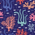 Whimsical Cute Hand-Drawn Sea Life, Fish, Corals, Seaweed, Algae Vector Seamless Pattern. Kids Ocean Background Royalty Free Stock Photo