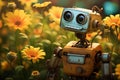 Whimsical Cute robot flowers sunlight. Generate Ai