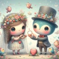 Whimsical cute wedding rings couple valentine illustration