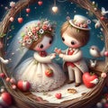 Whimsical cute wedding ring couple valentine illustration