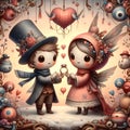 Whimsical cute wedding ring couple valentine illustration