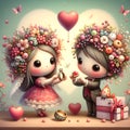 Whimsical cute wedding rings couple valentine illustration