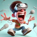 Lighthearted 3D caricature, exaggerated features, guffaws joyfully in VR goggles, reminiscent of 3D Movies animation