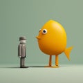 Whimsical 3d Orange Fish And Minimalist Man: A Surreal And Humorous Artwork