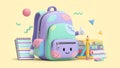 Back to School Backpack, Books, and Stationery 3D Render Royalty Free Stock Photo