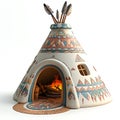 A whimsical 3D rendering of a Native American teepee with vibrant geometric patterns a cozy interior fire and arrowheads on top Royalty Free Stock Photo
