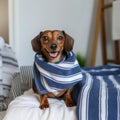 Whimsical Dachshund Dog Wearing Striped Towel On Bed