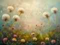 Whimsical Dandelion Meadow with Floating Seeds in Magical Sunset Light Artistic Impressions of Nature