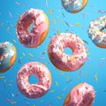 Whimsical delight pink donuts with colorful sprinkles on blue background